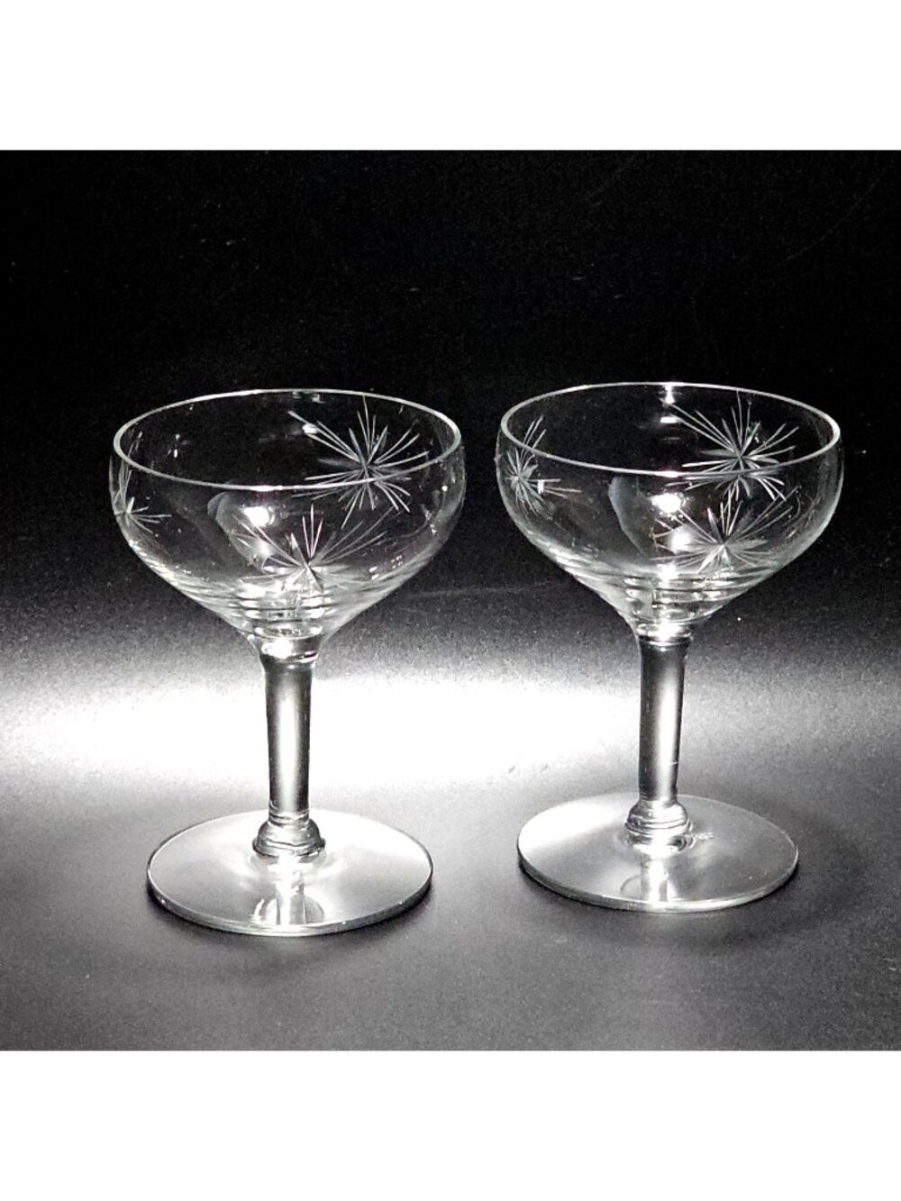 2 Fostoria Starburst Champagne Coupe Glasses 4.5" Vintage Crystal Stemware